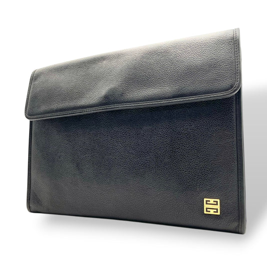 美品 ジバンシィ GIVENCHY 4Gロゴ ゴ ールド金具 レザー クラッチバッグセカ ンドバッグブラック 黒 A4サイズ収納可 能 ヴィンテージ ビンテージクラシック エレガント 高級感フォーマル ビジネス 通勤 通学 メンズレディース |S69
