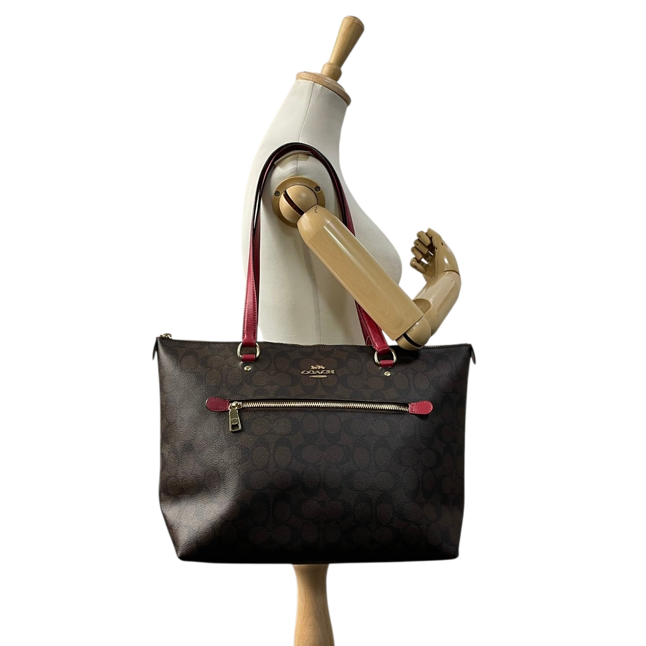 美品 コーチ COACH シグネチャー ギャラリートート トートバッグ PVC レザー ブラウン ワインレッド 79609 シルバー金具 A4サイズ収納可能 肩掛け ワンショルダー 大容量 エレガント ヴィンテージ クラシック ビジネス 通勤 通学 S69
