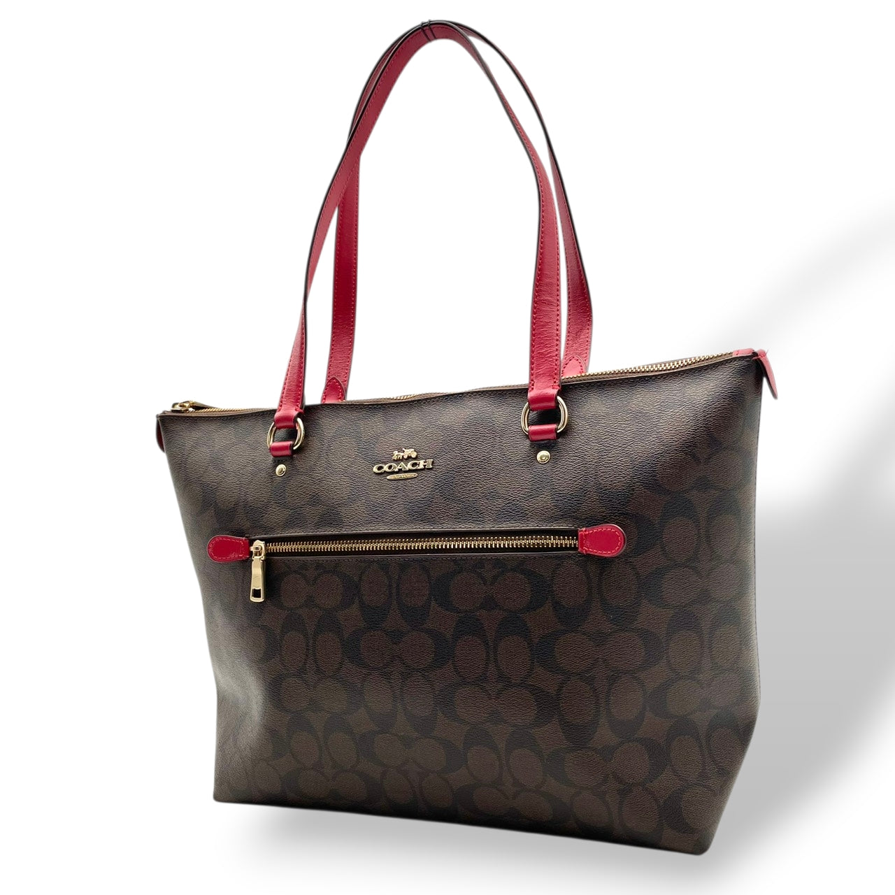 美品 コーチ COACH シグネチャー ギャラリートート トートバッグ PVC レザー ブラウン ワインレッド 79609 シルバー金具 A4サイズ収納可能 肩掛け ワンショルダー 大容量 エレガント ヴィンテージ クラシック ビジネス 通勤 通学 S69