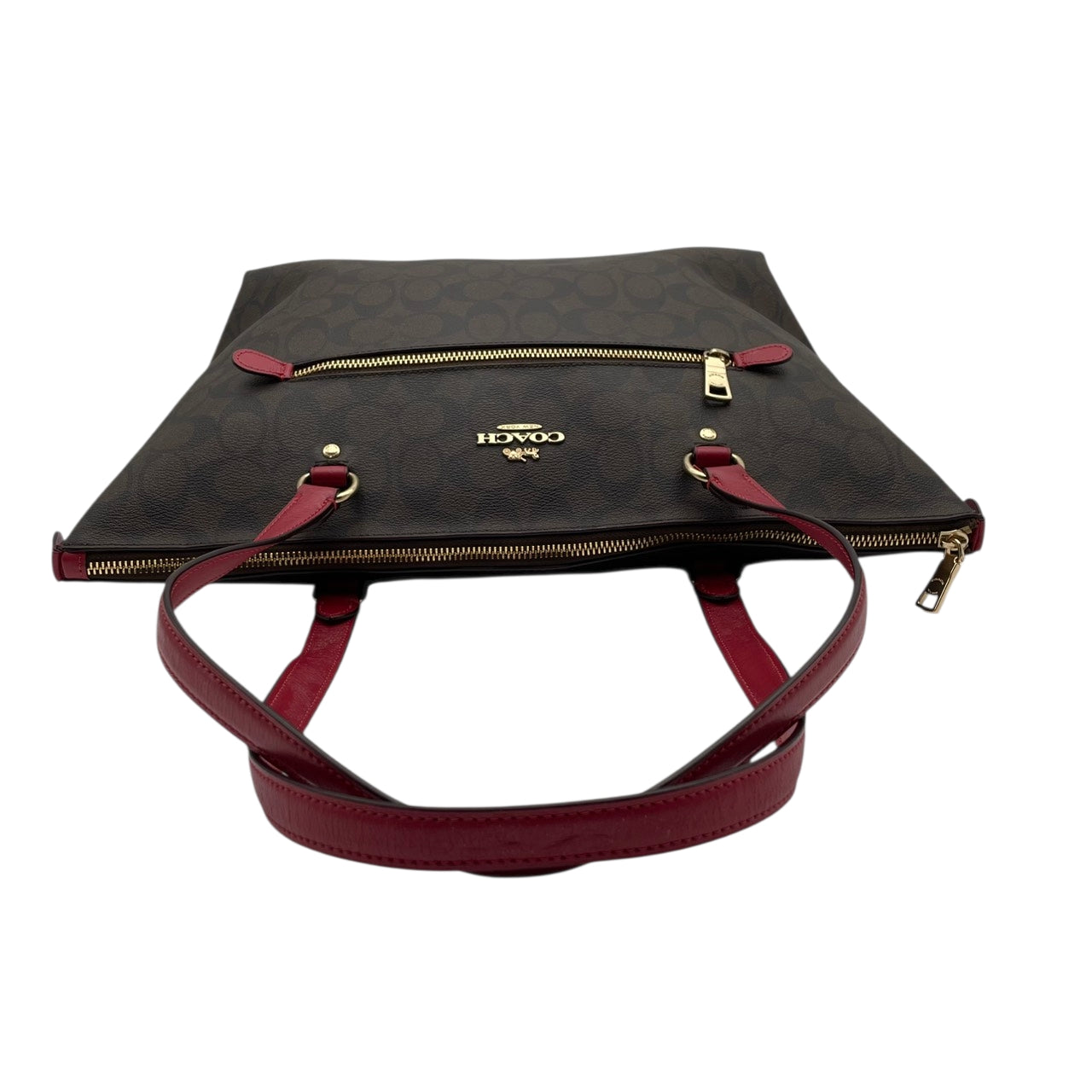 美品 コーチ COACH シグネチャー ギャラリートート トートバッグ PVC レザー ブラウン ワインレッド 79609 シルバー金具 A4サイズ収納可能 肩掛け ワンショルダー 大容量 エレガント ヴィンテージ クラシック ビジネス 通勤 通学 S69