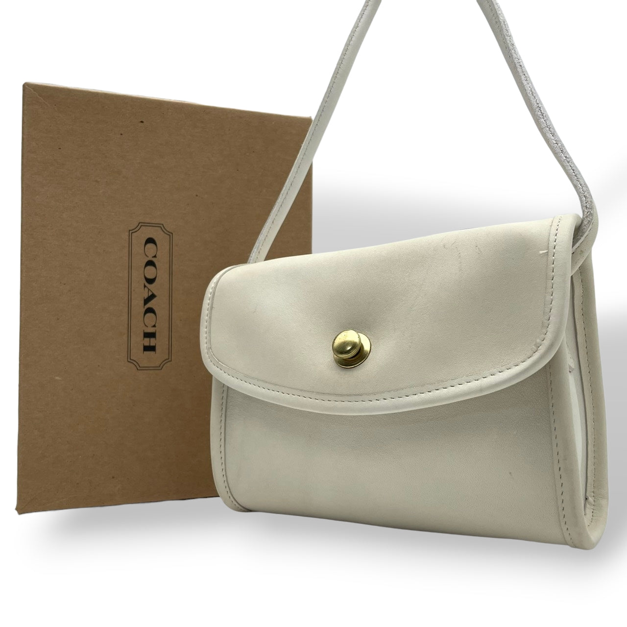 【美品】 COACH コーチ ショルダーバッグ ポシェット ミニバッグ クロスボディ 斜め掛け ターンロック レザー 本革 アイボリー 白系 ゴールド金具 レディース お出かけ デイリーユース レトロ シンプル 上品 箱付き 鞄 S19