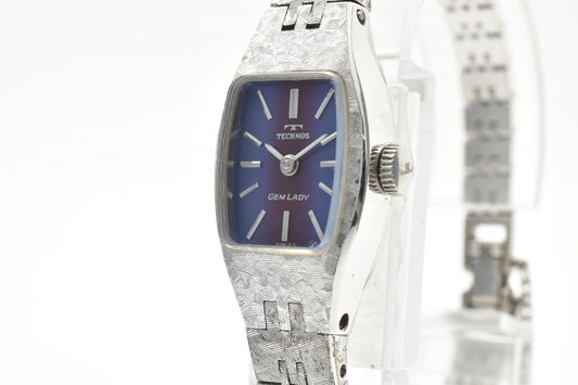 TECHNOS テクノス GEM LADY 450823 レディース 手巻き腕時計 ブルー文字盤 スクエアケース シルバーカラー ステンレスブレス スイス表記 ヴィンテージ ドレスウォッチ