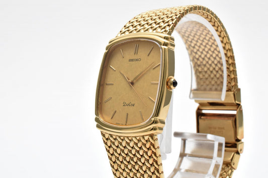 セイコー Seiko Dolce 7741-5110 メンズ腕時計 ゴールド文字盤 角型ケース ゴールドメッキ クォーツ ヴィンテージ ドレスウォッチ 1980年代
