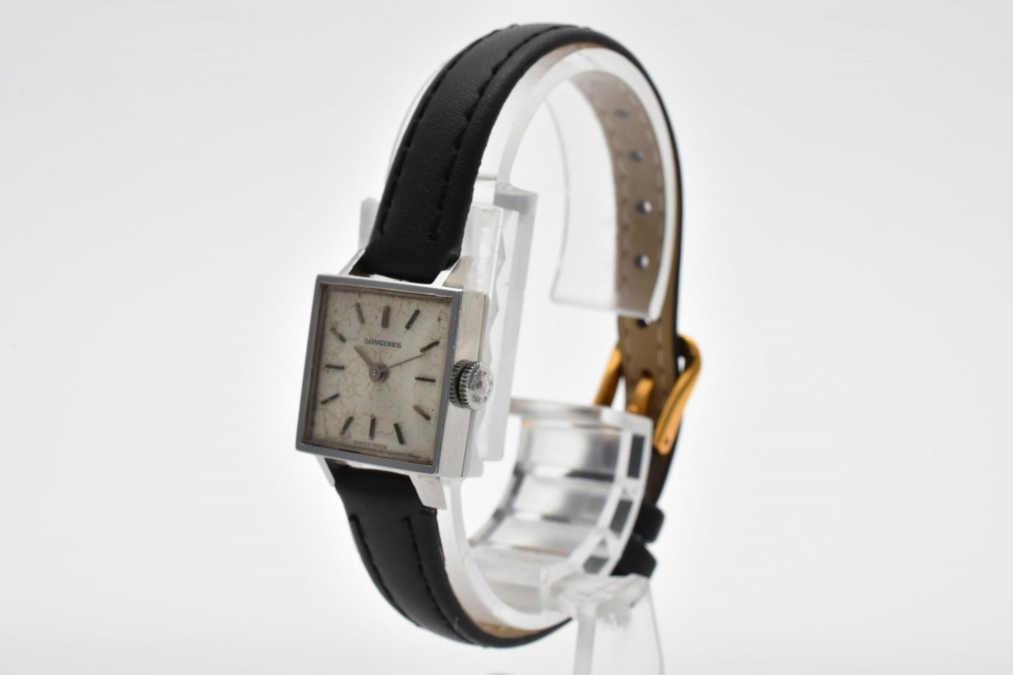 ロンジン LONGINES ヴィンテージ スクエア レディース腕時計 手巻き シルバー文字盤 レザーベルト 黒 ブラック