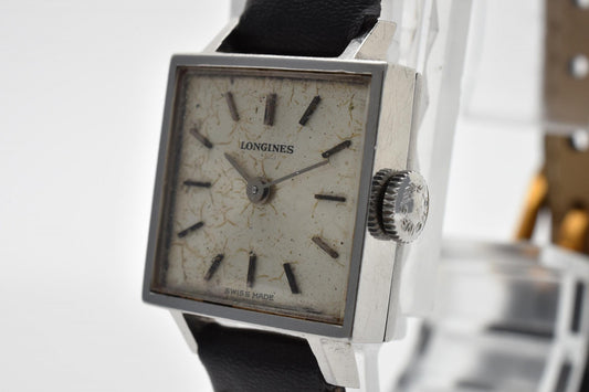 ロンジン LONGINES ヴィンテージ スクエア レディース腕時計 手巻き シルバー文字盤 レザーベルト 黒 ブラック