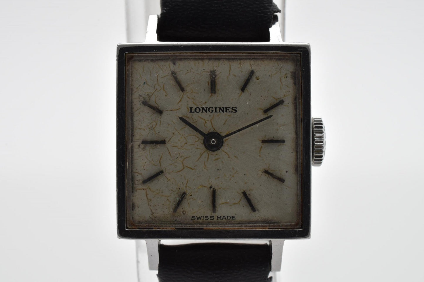 ロンジン LONGINES ヴィンテージ スクエア レディース腕時計 手巻き シルバー文字盤 レザーベルト 黒 ブラック