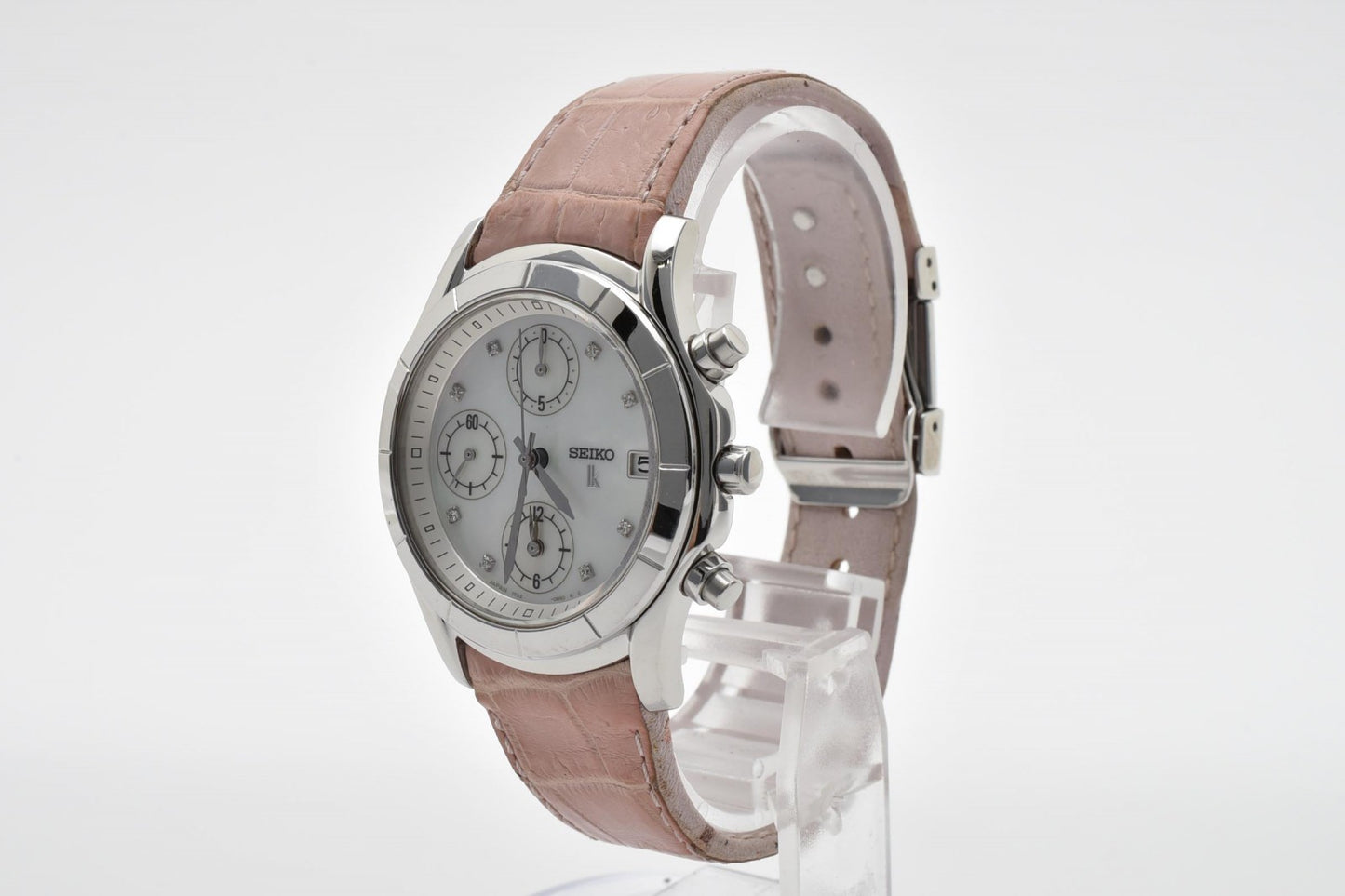 セイコー SEIKO LUKIA 7T92-0BV0 クロノグラフ レディース腕時計 パール文字盤 クオーツ レザーベルト