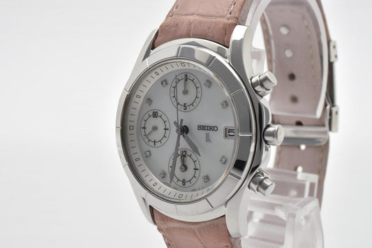 セイコー SEIKO LUKIA 7T92-0BV0 クロノグラフ レディース腕時計 パール文字盤 クオーツ レザーベルト