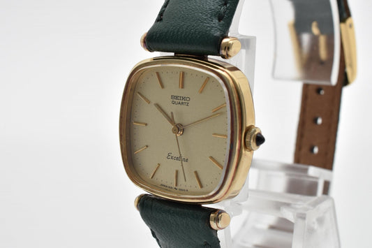 セイコー SEIKO Exceline 1421-5260 レディース腕時計 エクセリーヌ クオーツ ゴールド文字盤 スクエアケース レザーベルト グリーン 緑