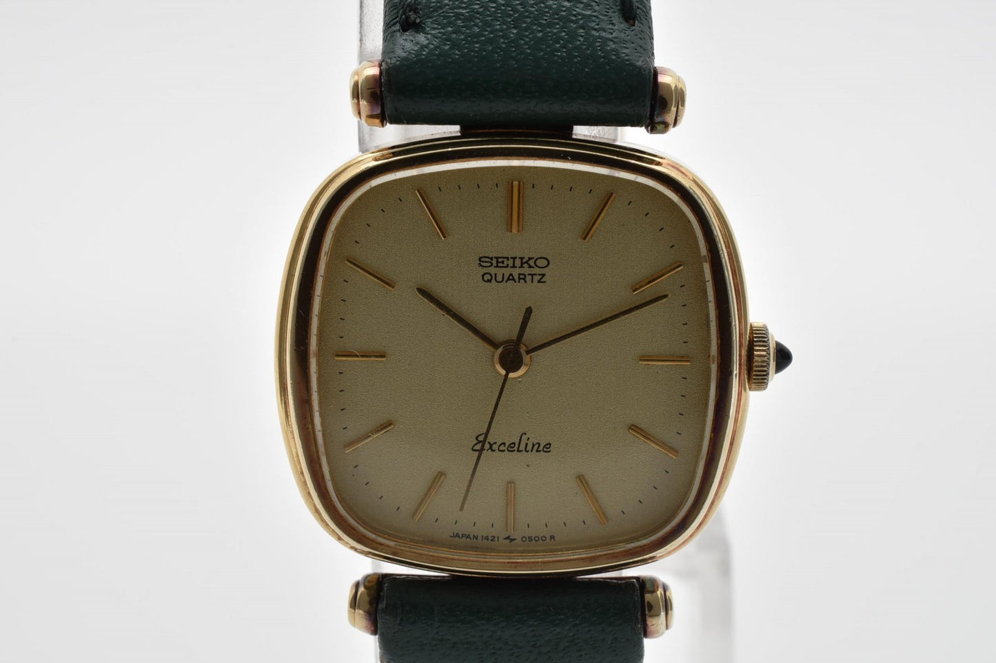 セイコー SEIKO Exceline 1421-5260 レディース腕時計 エクセリーヌ クオーツ ゴールド文字盤 スクエアケース レザーベルト グリーン 緑