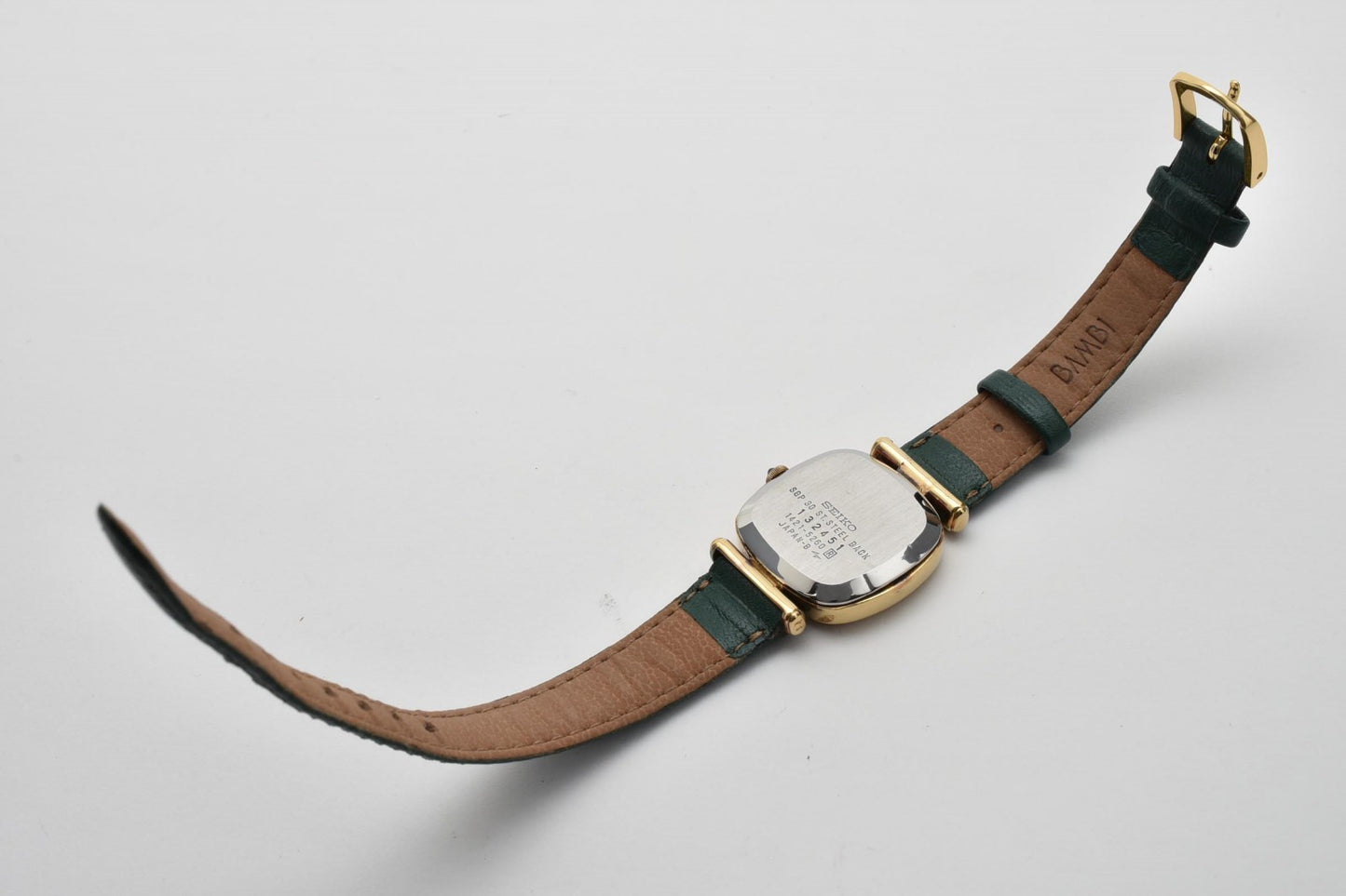 セイコー SEIKO Exceline 1421-5260 レディース腕時計 エクセリーヌ クオーツ ゴールド文字盤 スクエアケース レザーベルト グリーン 緑