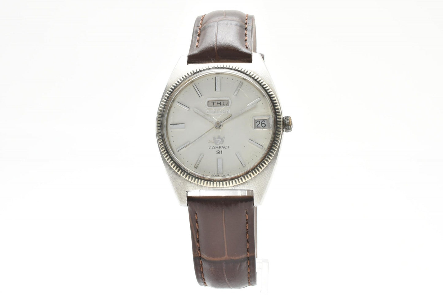 シチズン CITIZEN Compact 21 2806A-TA クオーツ メンズ腕時計 デイデイト シルバー文字盤 レザーベルト
