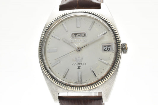 シチズン CITIZEN Compact 21 2806A-TA クオーツ メンズ腕時計 デイデイト シルバー文字盤 レザーベルト