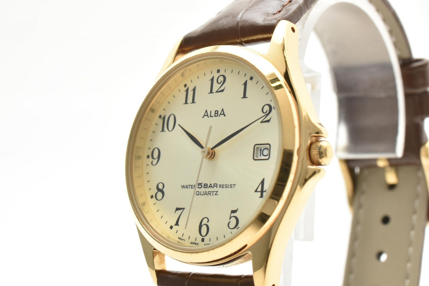 セイコー SEIKO ALBA V732-0D10 クオーツ メンズ腕時計 ゴールド文字盤 デイト レザーベルト アルバ