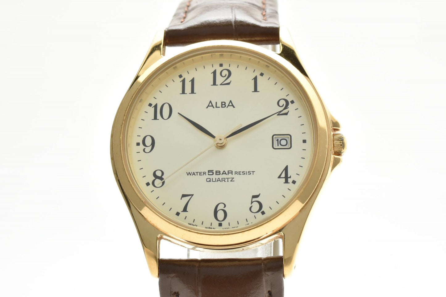 セイコー SEIKO ALBA V732-0D10 クオーツ メンズ腕時計 ゴールド文字盤 デイト レザーベルト アルバ
