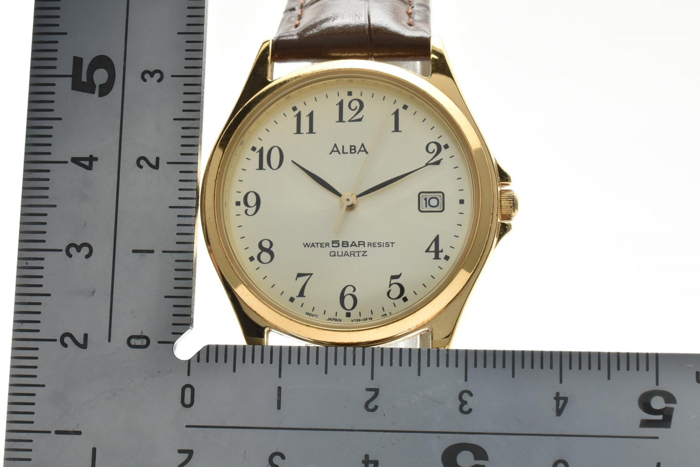 セイコー SEIKO ALBA V732-0D10 クオーツ メンズ腕時計 ゴールド文字盤 デイト レザーベルト アルバ