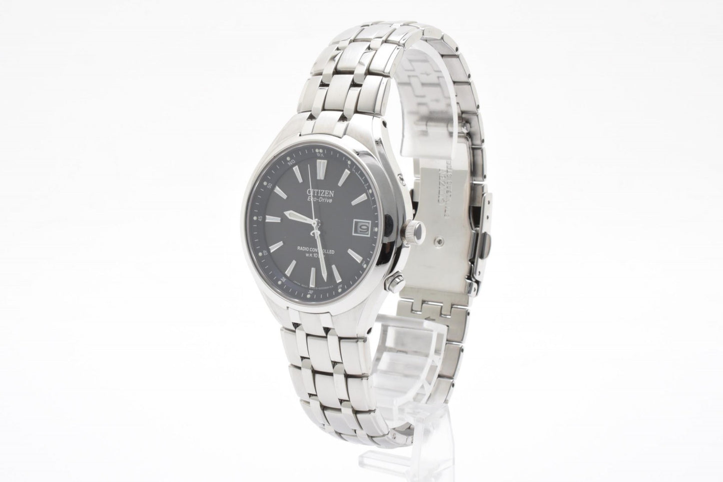 シチズン Citizen H415-S033047 メンズ腕時計 エコドライブ 電波ソーラー ブラック文字盤 デイト ステンレススチール 箱付き