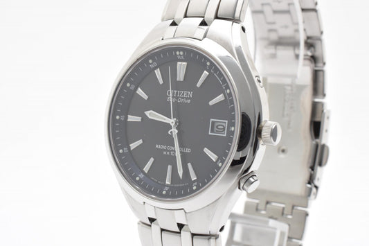 シチズン Citizen H415-S033047 メンズ腕時計 エコドライブ 電波ソーラー ブラック文字盤 デイト ステンレススチール 箱付き