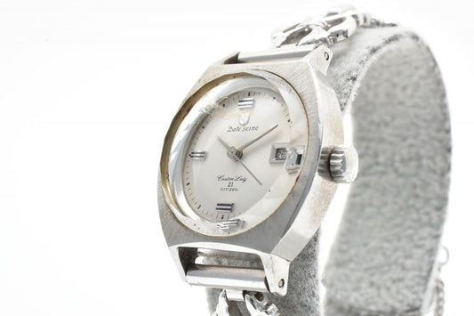 CITIZEN シチズン Date Seine 21石 手巻き レディース 腕時計 シルバー デイト ヴィンテージ チェーンブレス