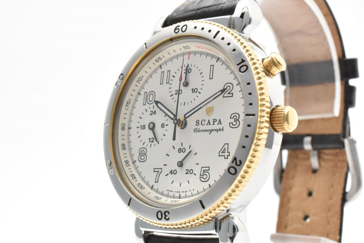 SCAPA T80-7A20 クロノグラフ メンズ 腕時計 アイボリー文字盤 レザーベルト クオーツ