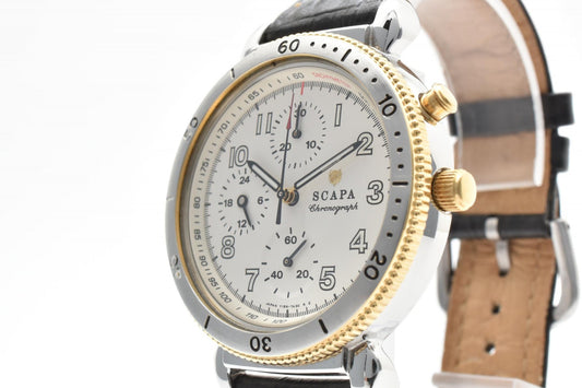SCAPA T80-7A20 クロノグラフ メンズ 腕時計 アイボリー文字盤 レザーベルト クオーツ