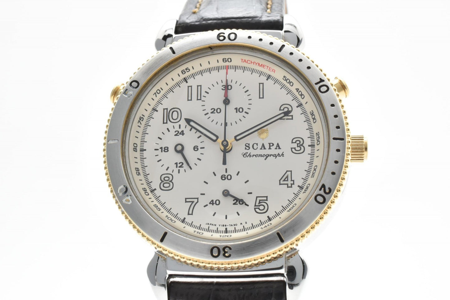 SCAPA T80-7A20 クロノグラフ メンズ 腕時計 アイボリー文字盤 レザーベルト クオーツ