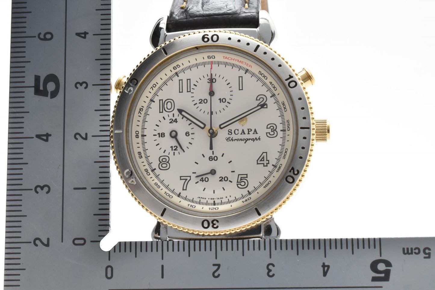 SCAPA T80-7A20 クロノグラフ メンズ 腕時計 アイボリー文字盤 レザーベルト クオーツ