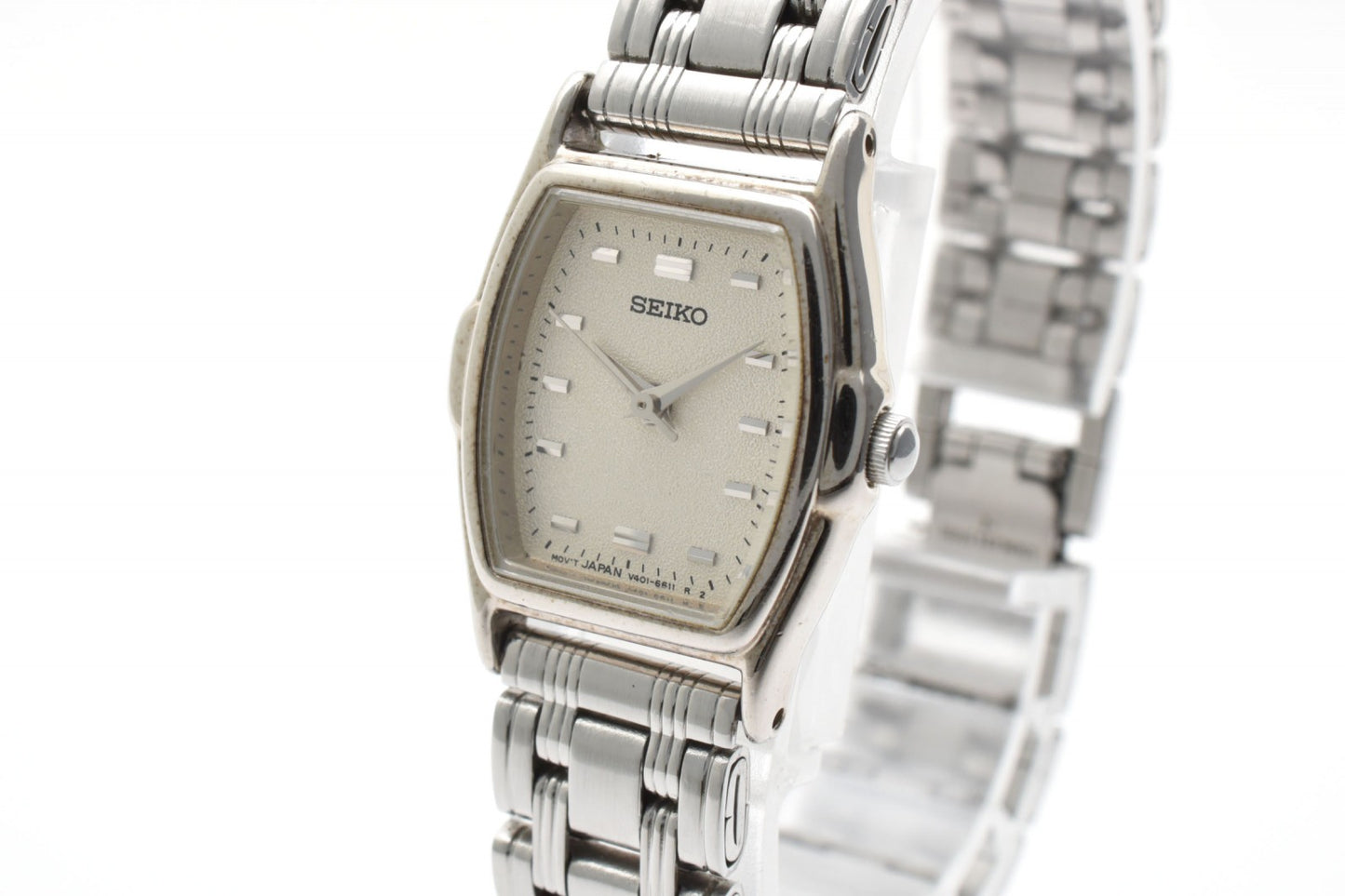 SEIKO セイコー V401-6250 クオーツ レディース 腕時計 ホワイト文字盤 スクエアケース ステンレススチール ブレスレット 1990年代