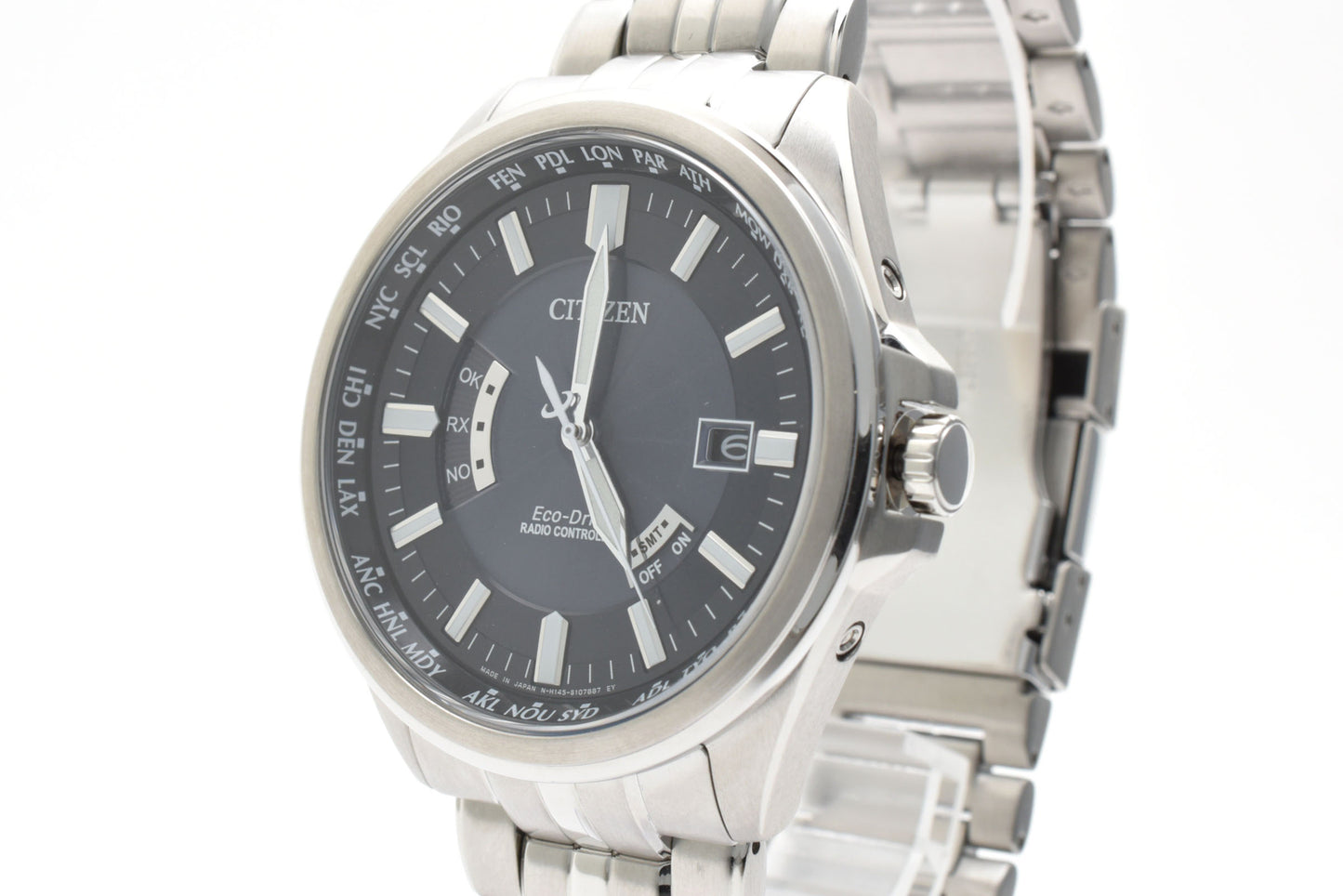 シチズン CITIZEN エコ・ドライブ H145-S07345 電波ソーラー 腕時計 ブラック文字盤 ワールドタイム ステンレス メンズ
