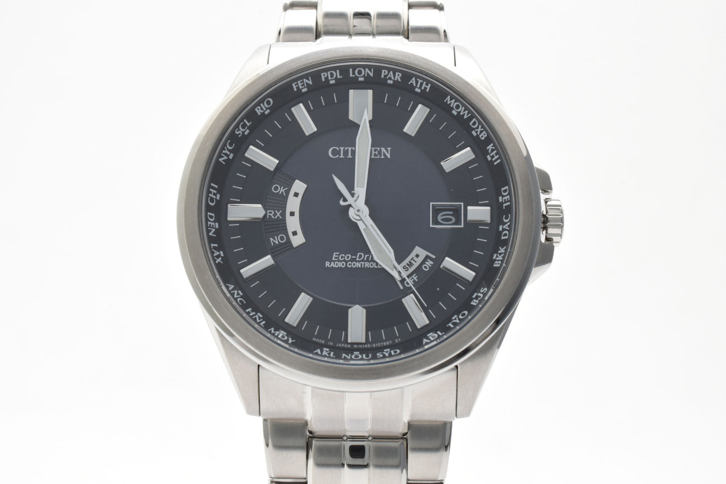 シチズン CITIZEN エコ・ドライブ H145-S07345 電波ソーラー 腕時計 ブラック文字盤 ワールドタイム ステンレス メンズ