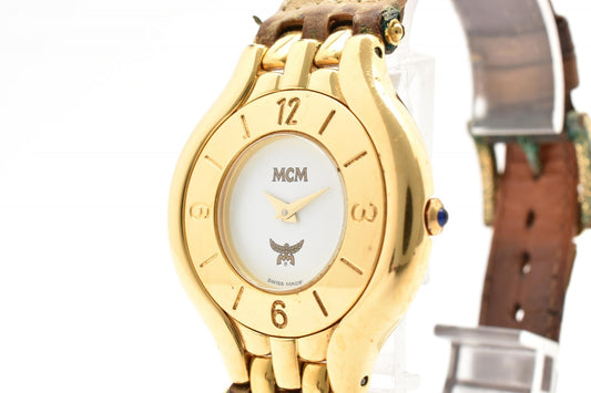 MCM クオーツ レディース 腕時計 ホワイト文字盤 ゴールドカラー レザーベルト スイス製 ドレスウォッチ ヴィンテージ 1990年代