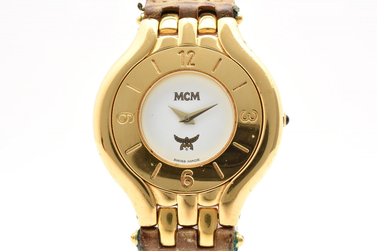 MCM クオーツ レディース 腕時計 ホワイト文字盤 ゴールドカラー レザーベルト スイス製 ドレスウォッチ ヴィンテージ 1990年代