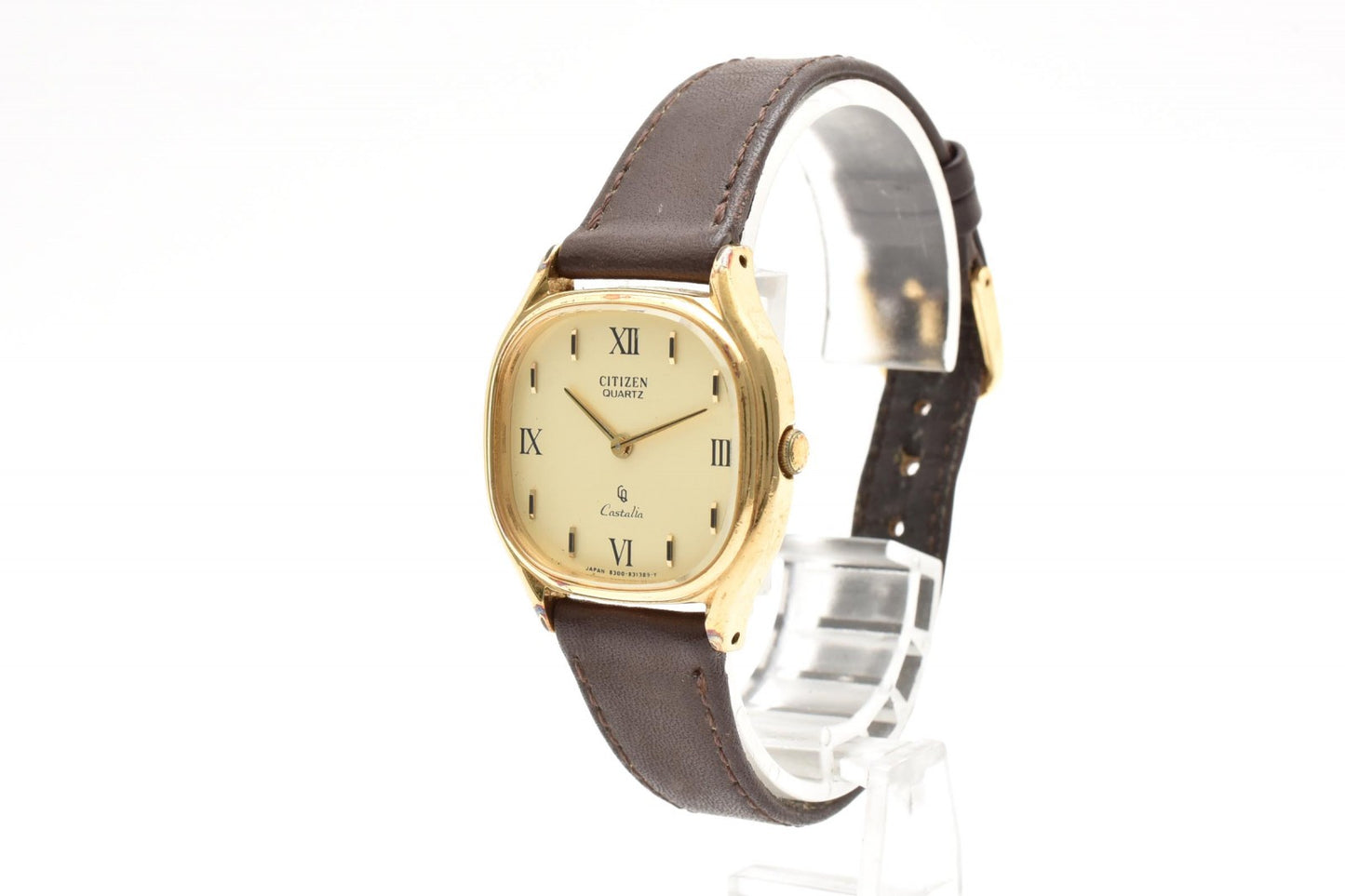 CITIZEN シチズン キャスタリア 4-831454 S クオーツ メンズ 腕時計 ゴールド文字盤 ローマンインデックス レザーベルト ドレスウォッチ 1980年代
