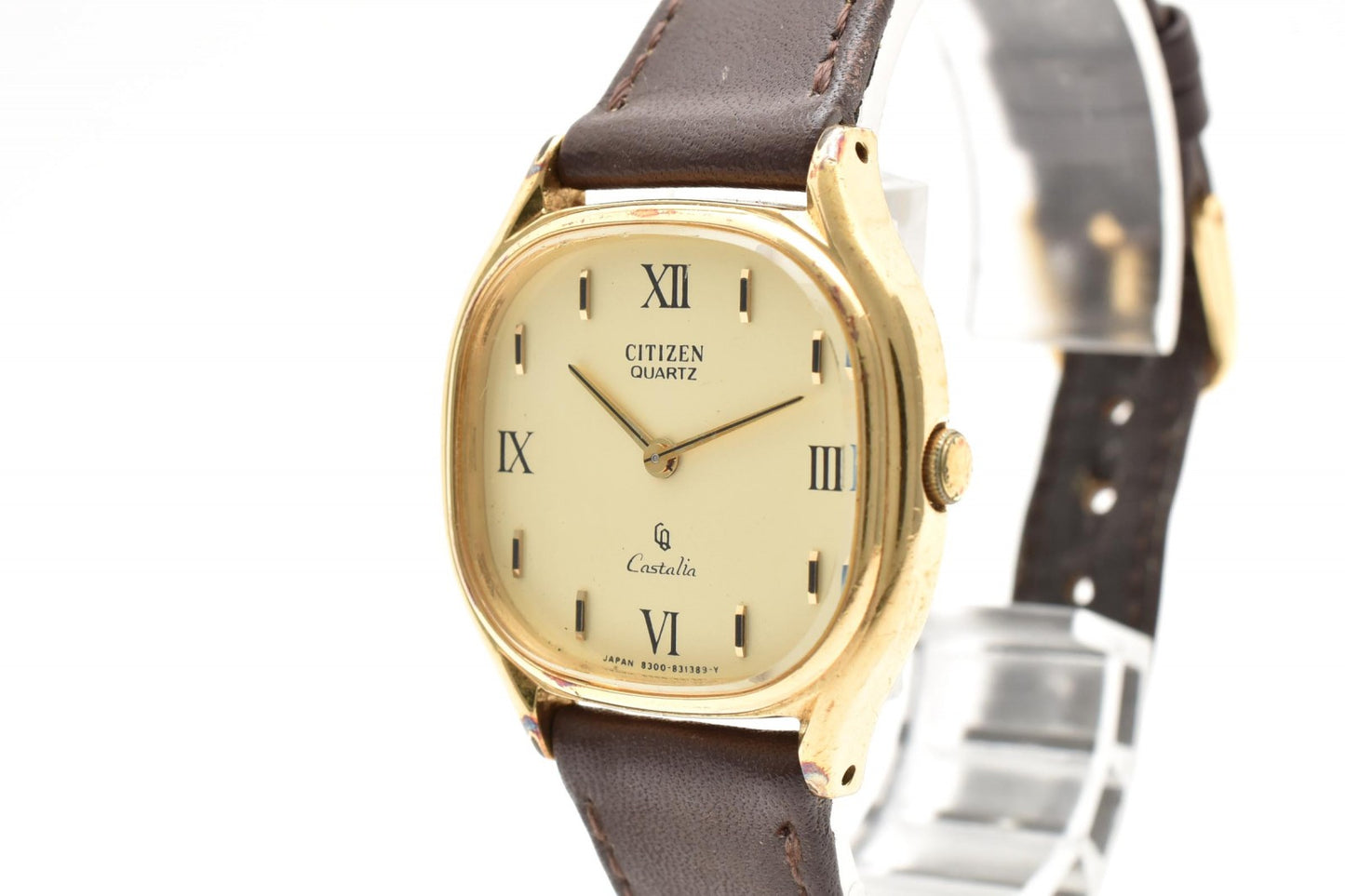 CITIZEN シチズン キャスタリア 4-831454 S クオーツ メンズ 腕時計 ゴールド文字盤 ローマンインデックス レザーベルト ドレスウォッチ 1980年代