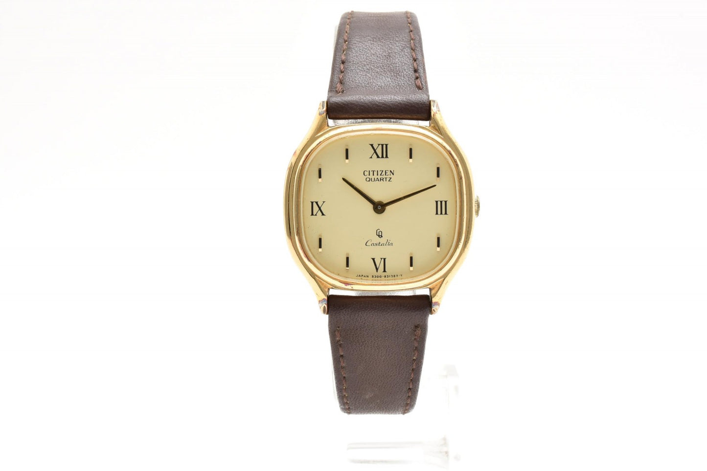 CITIZEN シチズン キャスタリア 4-831454 S クオーツ メンズ 腕時計 ゴールド文字盤 ローマンインデックス レザーベルト ドレスウォッチ 1980年代