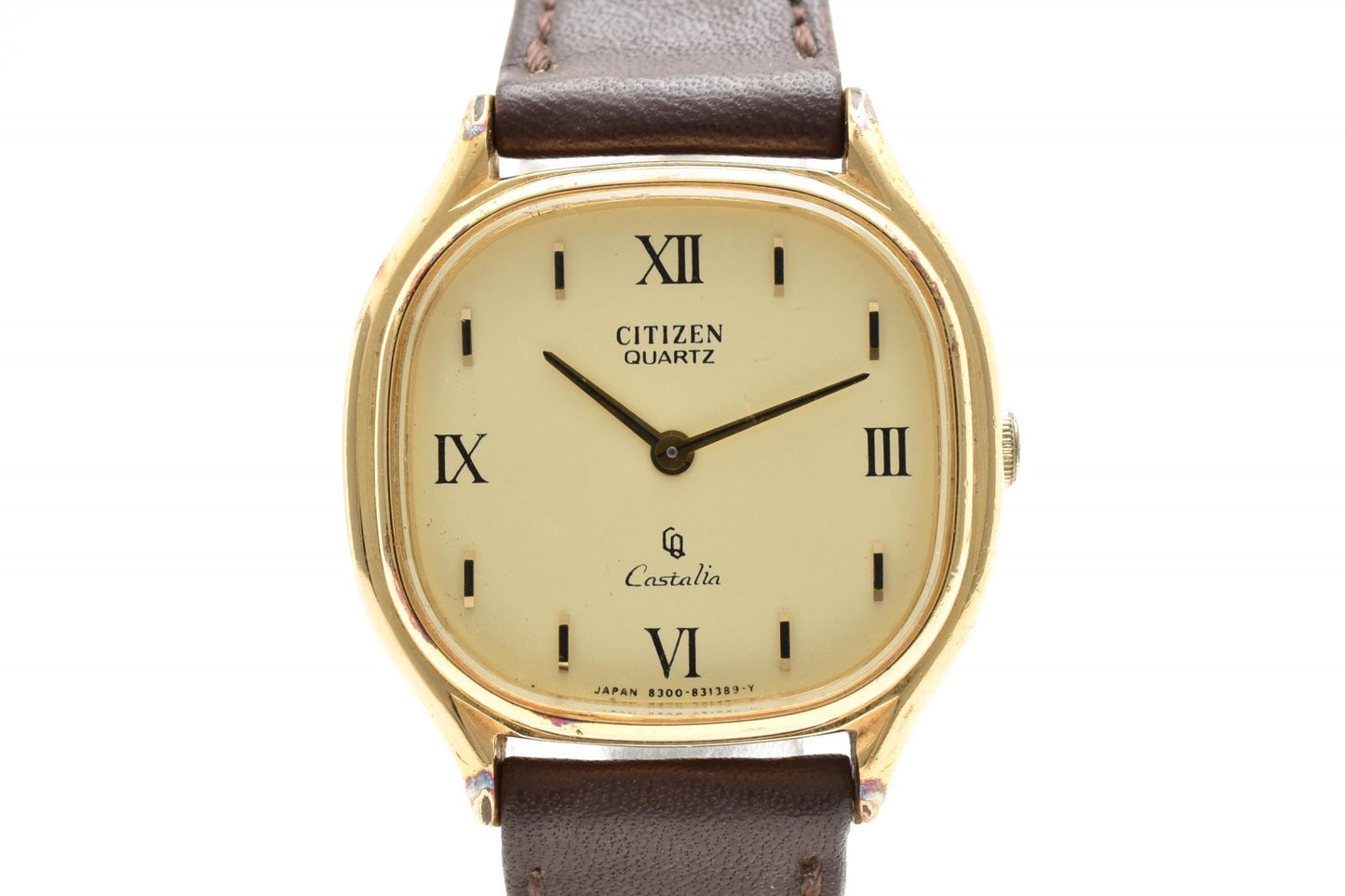 CITIZEN シチズン キャスタリア 4-831454 S クオーツ メンズ 腕時計 ゴールド文字盤 ローマンインデックス レザーベルト ドレスウォッチ 1980年代