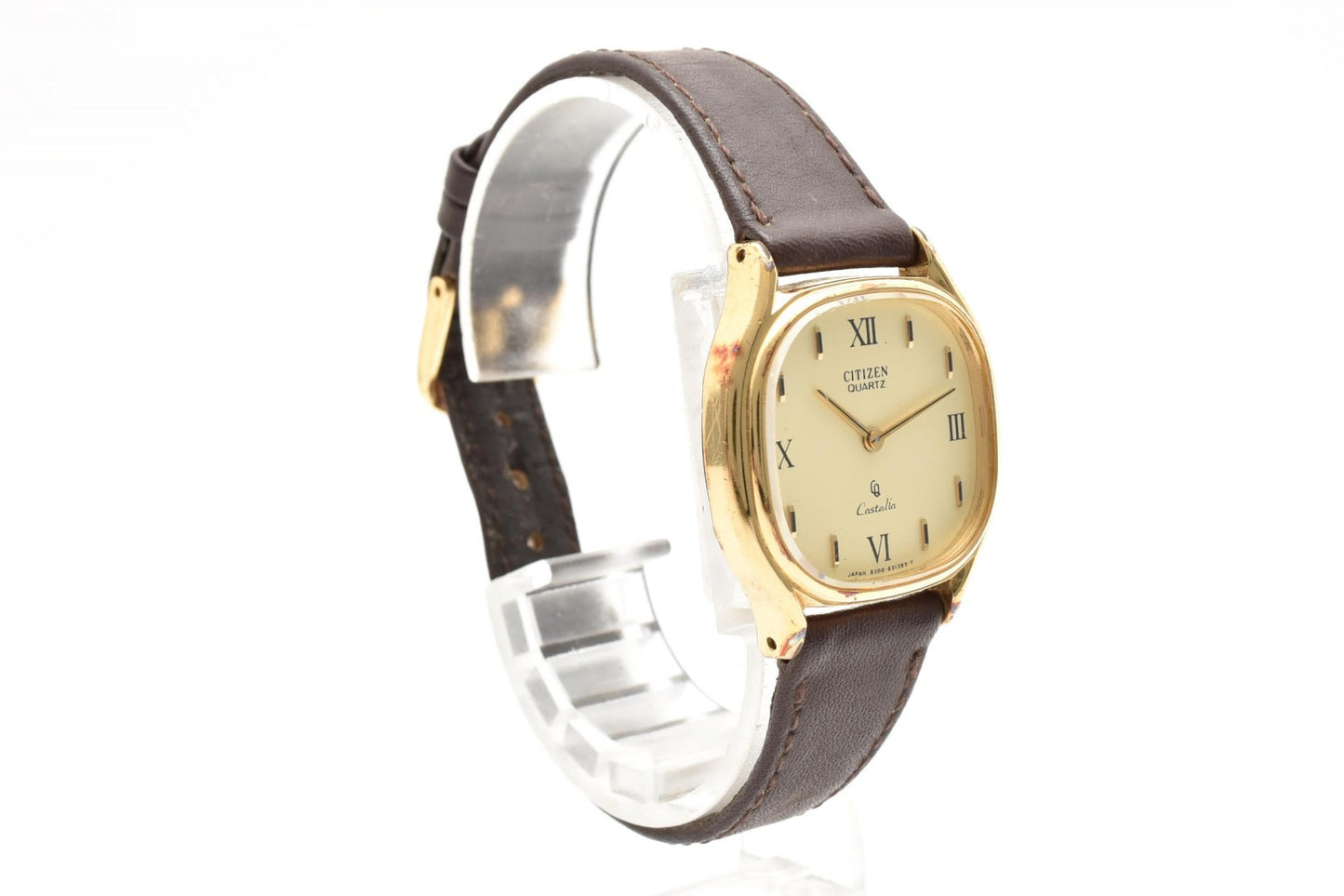 CITIZEN シチズン キャスタリア 4-831454 S クオーツ メンズ 腕時計 ゴールド文字盤 ローマンインデックス レザーベルト ドレスウォッチ 1980年代