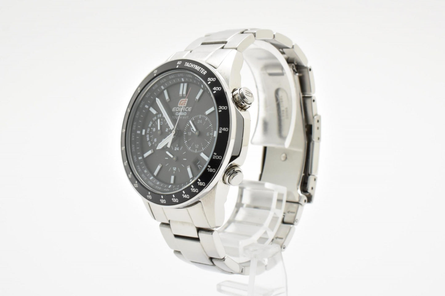 CASIO カシオ EDIFICE エディフィス EQW-55D 電波ソーラー クロノグラフ メンズ 腕時計 ブラック文字盤 ステンレス 箱 余りコマ付