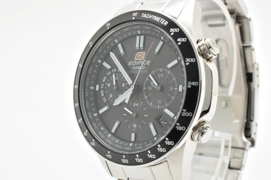 CASIO カシオ EDIFICE エディフィス EQW-55D 電波ソーラー クロノグラフ メンズ 腕時計 ブラック文字盤 ステンレス 箱 余りコマ付