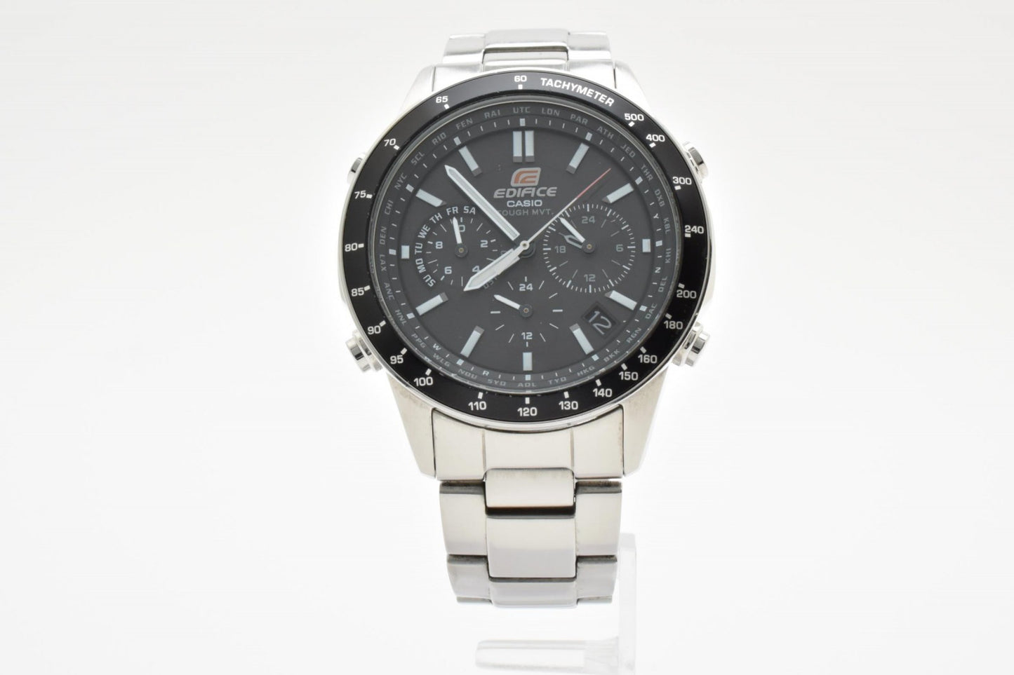 CASIO カシオ EDIFICE エディフィス EQW-55D 電波ソーラー クロノグラフ メンズ 腕時計 ブラック文字盤 ステンレス 箱 余りコマ付