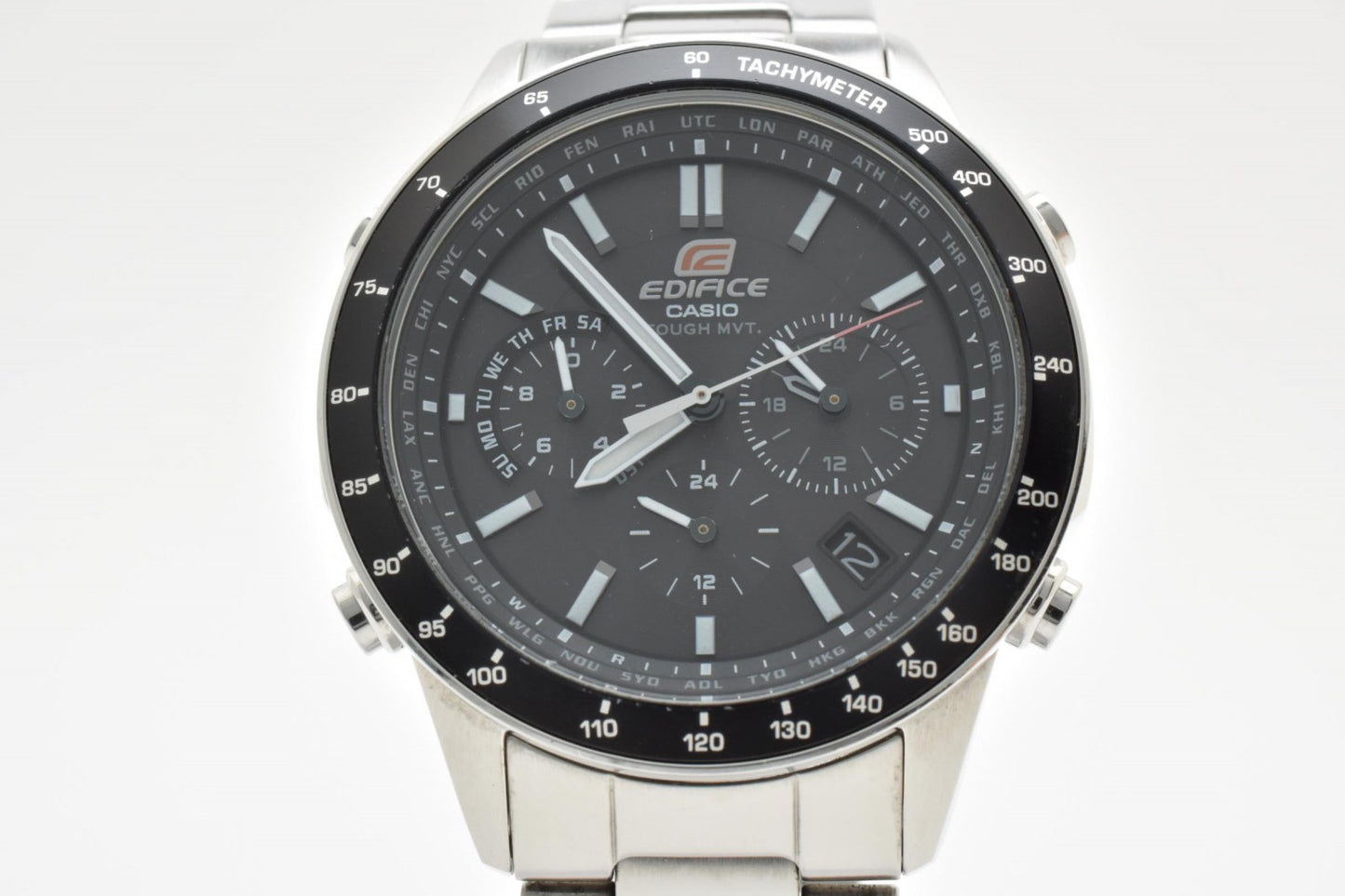 CASIO カシオ EDIFICE エディフィス EQW-55D 電波ソーラー クロノグラフ メンズ 腕時計 ブラック文字盤 ステンレス 箱 余りコマ付