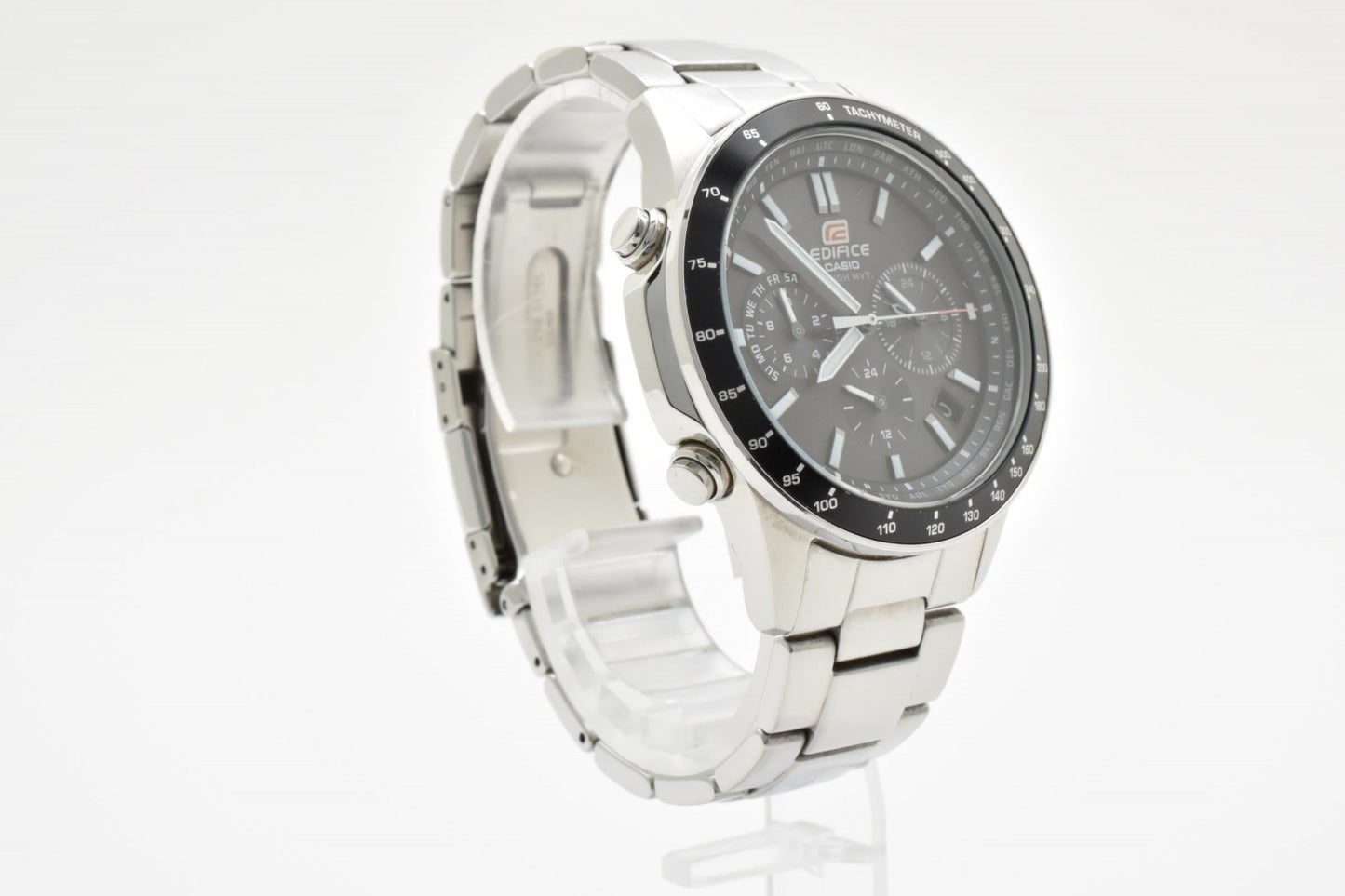 CASIO カシオ EDIFICE エディフィス EQW-55D 電波ソーラー クロノグラフ メンズ 腕時計 ブラック文字盤 ステンレス 箱 余りコマ付