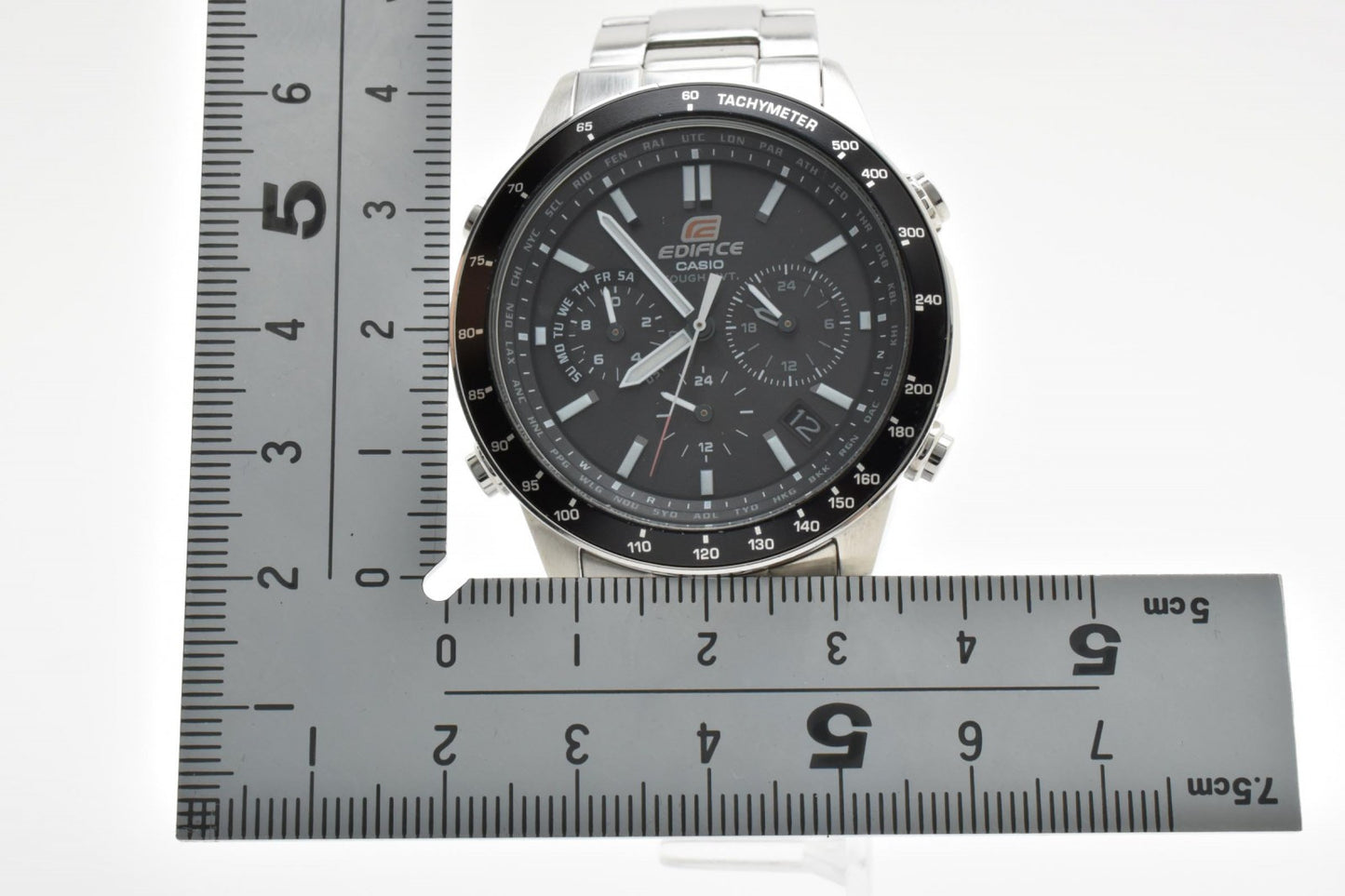 CASIO カシオ EDIFICE エディフィス EQW-55D 電波ソーラー クロノグラフ メンズ 腕時計 ブラック文字盤 ステンレス 箱 余りコマ付