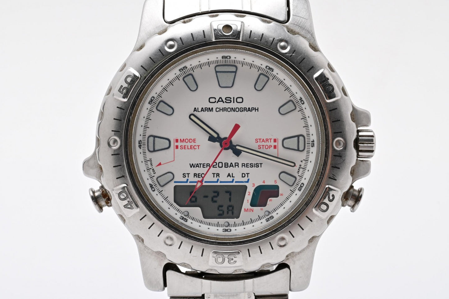 CASIO カシオ AD-724 アナデジ クロノグラフ クオーツ メンズ 腕時計 ホワイト文字盤 ステンレス ヴィンテージ