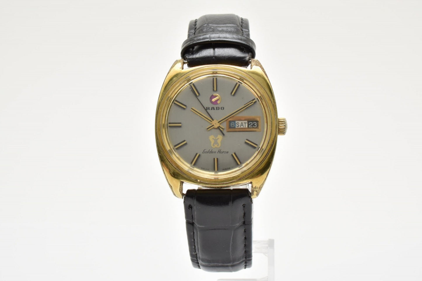 RADO ラドー Golden Horse ゴールデンホース 11817 メンズ 腕時計 クォーツ シルバー文字盤 デイデイト レザーベルト ヴィンテージ
