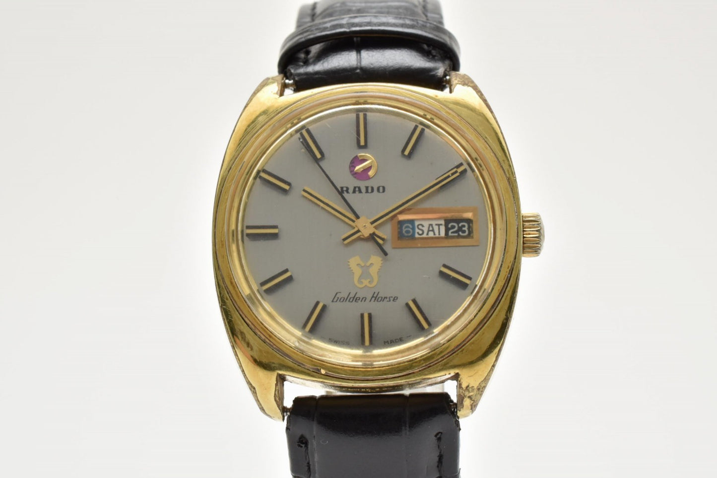 RADO ラドー Golden Horse ゴールデンホース 11817 メンズ 腕時計 クォーツ シルバー文字盤 デイデイト レザーベルト ヴィンテージ
