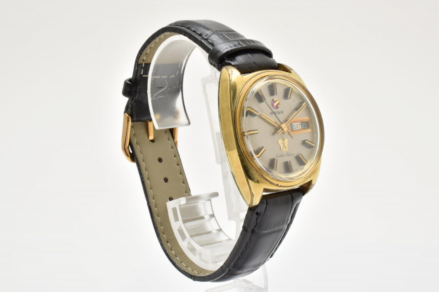 RADO ラドー Golden Horse ゴールデンホース 11817 メンズ 腕時計 クォーツ シルバー文字盤 デイデイト レザーベルト ヴィンテージ