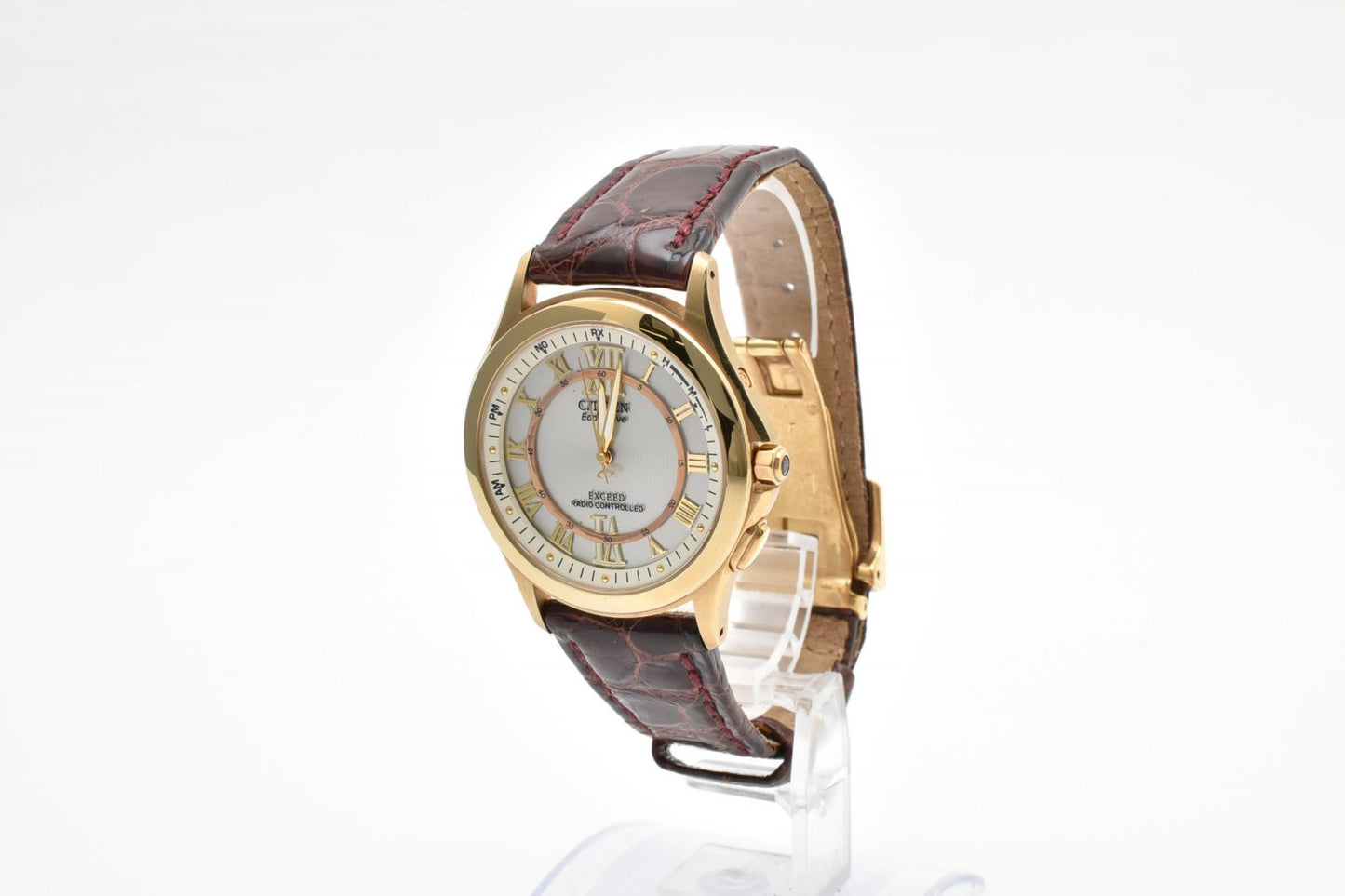 シチズン Citizen エクシード H430-T005705 ソーラー電波 腕時計 ホワイト文字盤 GPケース レザーストラップ メンズ レディース