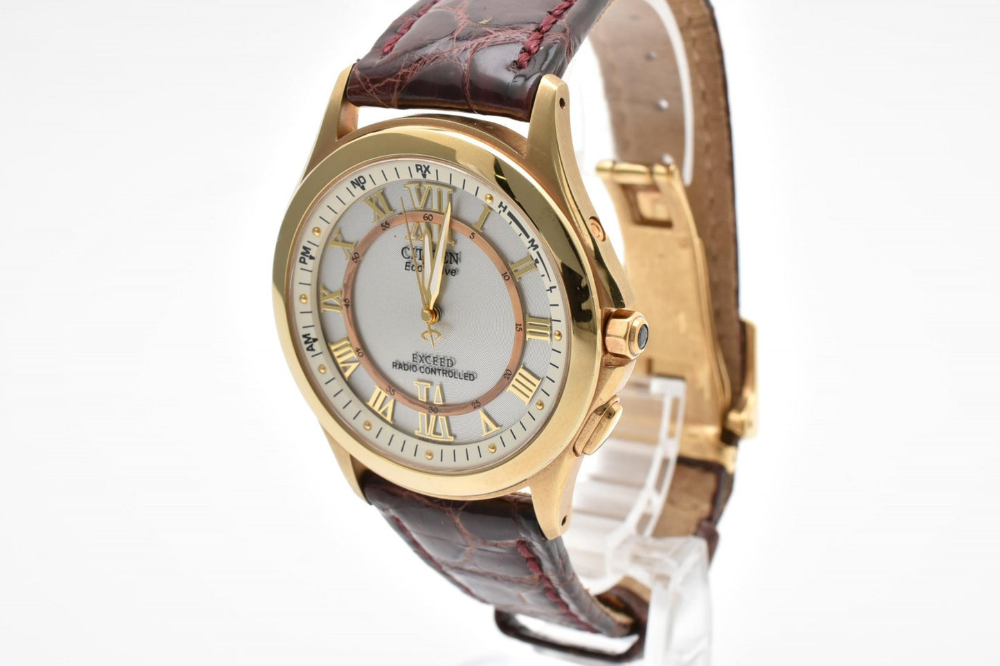 シチズン Citizen エクシード H430-T005705 ソーラー電波 腕時計 ホワイト文字盤 GPケース レザーストラップ メンズ レディース