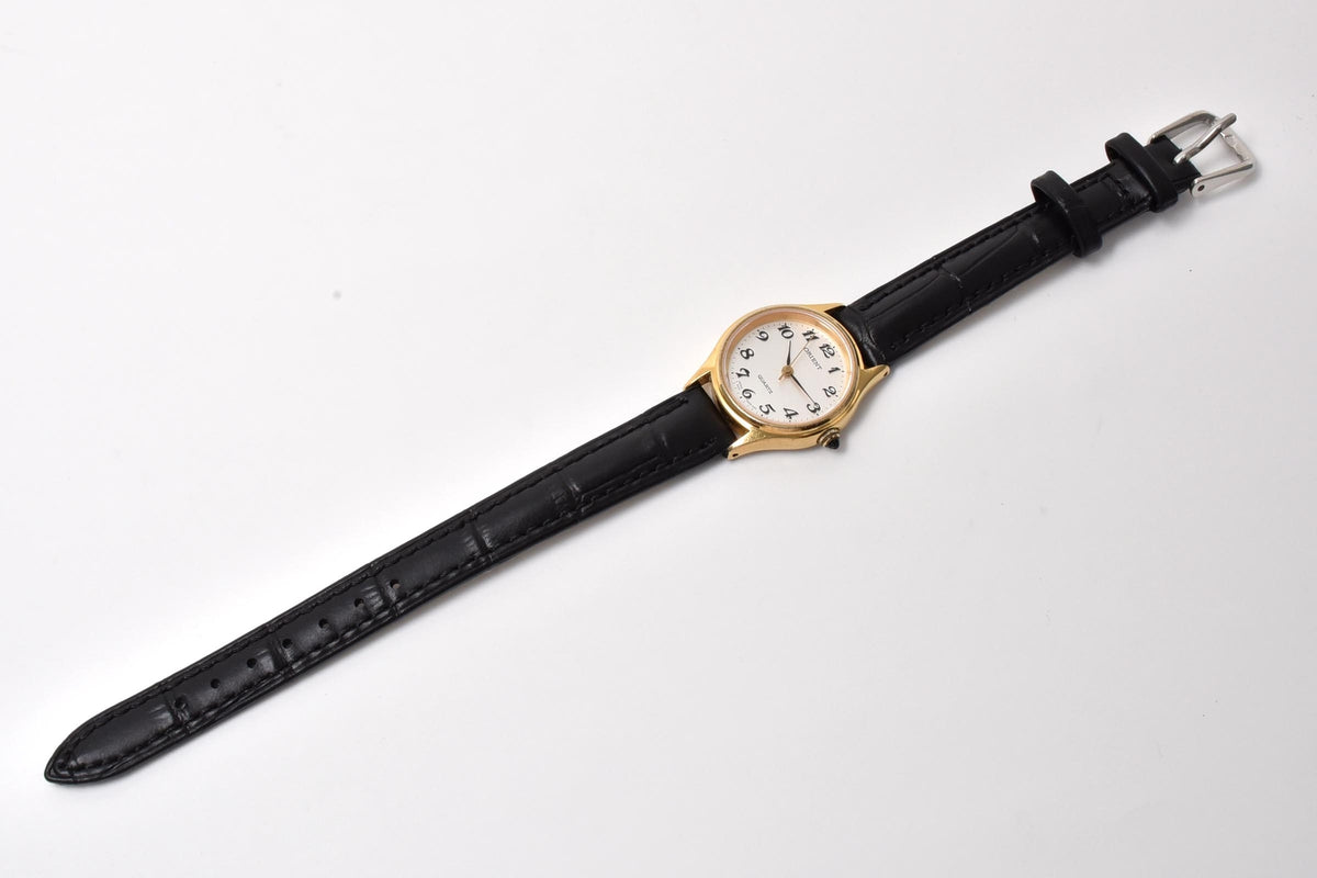 ORIENT オリエント レディース ヴィンテージ クォーツ 腕時計 45593-00 ホワイト文字盤 ゴールドカラーケース レザーストラップ 24mm 1990年代